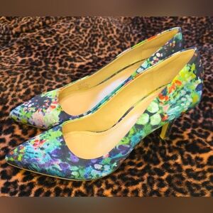 BCBGeneration Multicolor Floral Pointed Toe Heels in Green & Blue